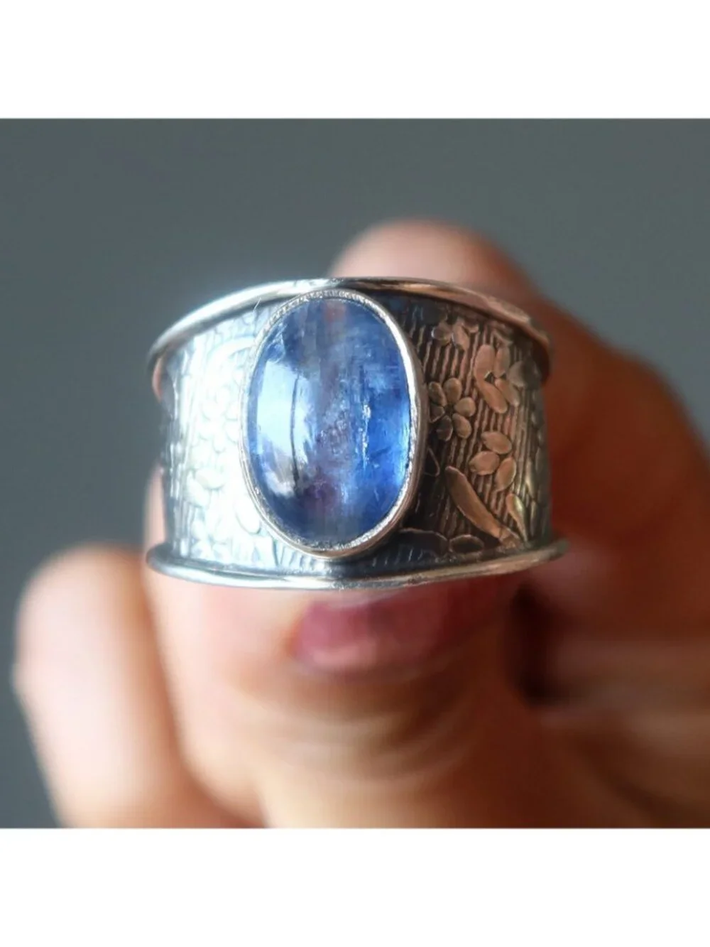 Kyanite Ring Blue Gemstone Sterling Silver Flower Band Size 9.25 Boho Jewelry Gi